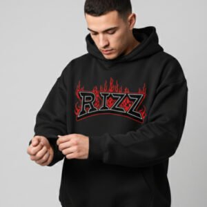 Flame Rizz Black Oversized Hoodie