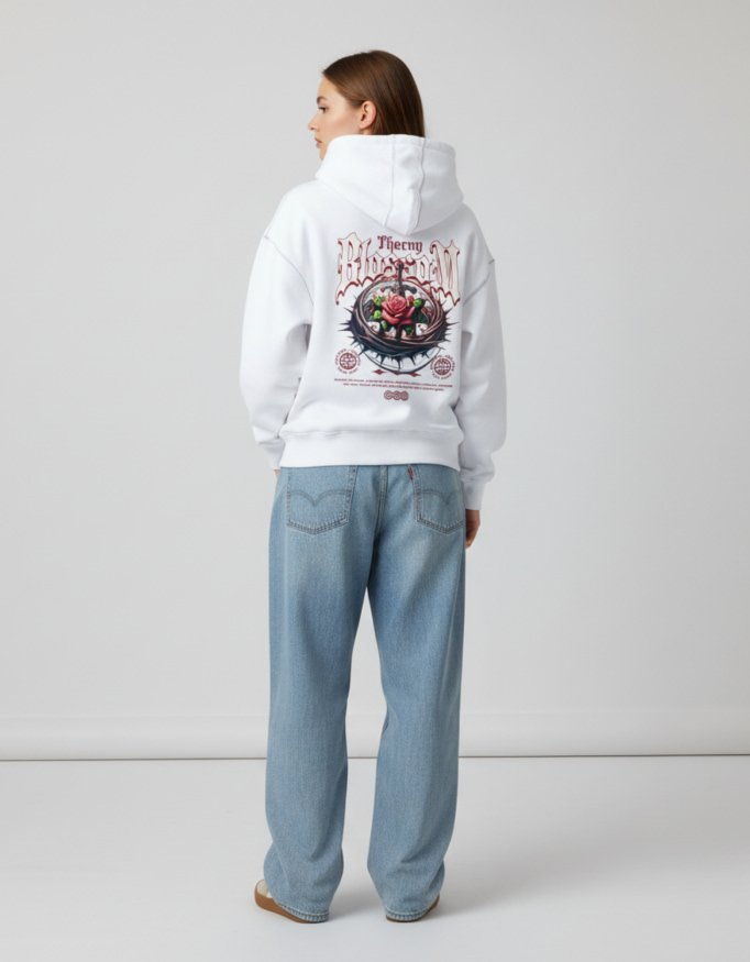 Thorny Blossom White Oversized Hoodie